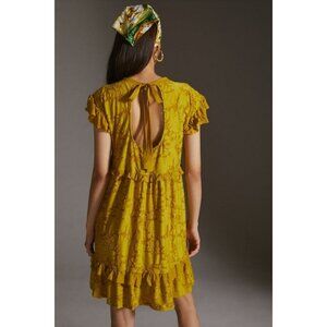 Anthropologie Playful Ruffle Knit Mini Dress Size Medium Mustard Yellow lined N1